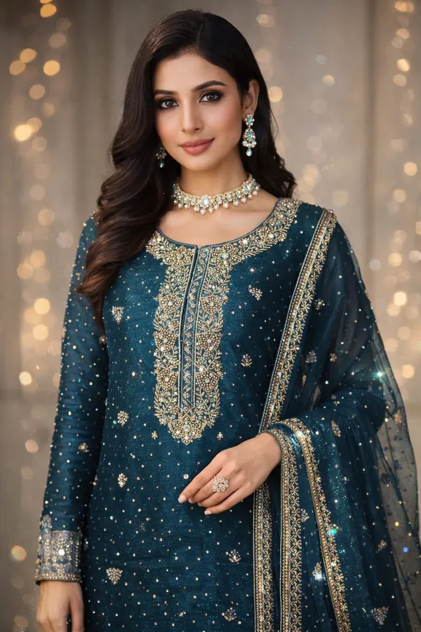 Blue_Gabardine_Silk_Unstitched_Suit_For_Women