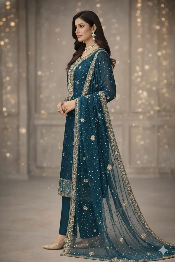 Blue_Gabardine_Silk_Unstitched_Suit_For_Women