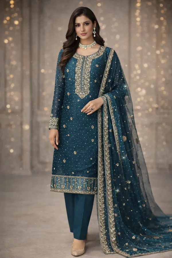 Blue_Gabardine_Silk_Unstitched_Suit_For_Women