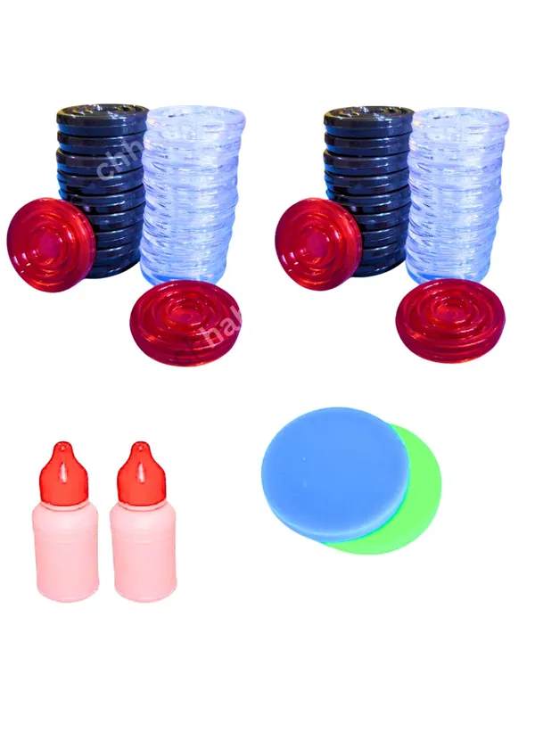 40_Ps._Acrylic_Carrom_Coin._18_Black/_18_White_&_4_Red._With_2_Strikers_And_2_Powder.