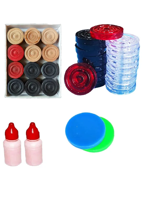 Coins_Set,_24_Wooden_Coins,_20_Crystal_Coins,_2_Strikers,_Board_Game_Accessories