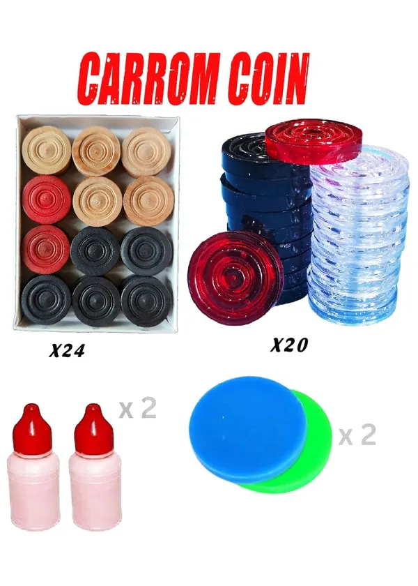 Carrom_Coins_Set,_24_Wooden_Coins,_20_Crystal_Coins,_2_Strikers,_Board_Game_Accessories