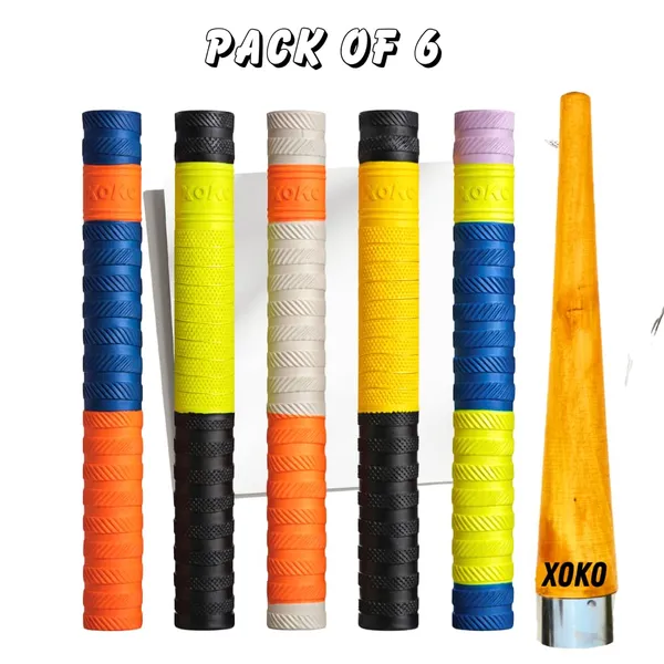 Premium_Cricket_Bat_Handle_Rubber_5_Grips_For_Enhanced_Performance_With_Better_Shock_Absorption_And_1_Wooden_Gripper_Cone_(Pack_Of_6)