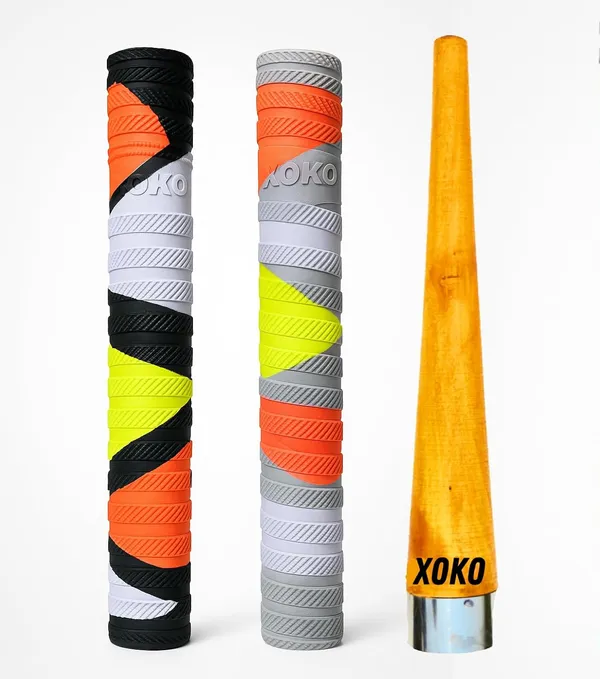 Product_Summary:_Cricket_Bat_Grip,_Multi-Coloured_Non-Slip_Rubber,_Textured_Design_With_Black,_Orange,_Yellow,_White_And_Grey_Sections_With_Wooden_Cone.