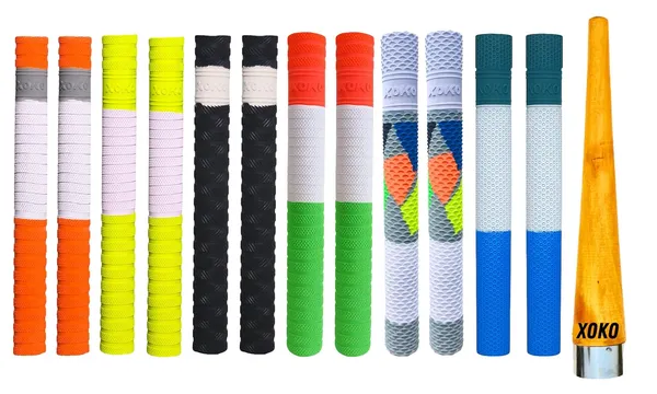Cricket_Bat_Cone_Grips_Set,_Multicolor_Pattern,_Stainless_Steel_Clamp,_Professional_Sports_Equipment,_12_Grips_And_1_Wooden_Cone