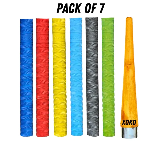 Premium_Cricket_Bat_Handle_Grip_Set,_Multicolor_Anti-Slip_Rubber_Grips,_Professional_Sports_Accessory_Pack_With_6_Grips_And_Wooden_Cone