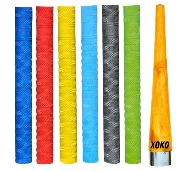 Premium_Cricket_Bat_Handle_Grip_Set,_Multicolor_Anti-Slip_Rubber_Grips,_Professional_Sports_Accessory_Pack_With_6_Grips_And_Wooden_Cone