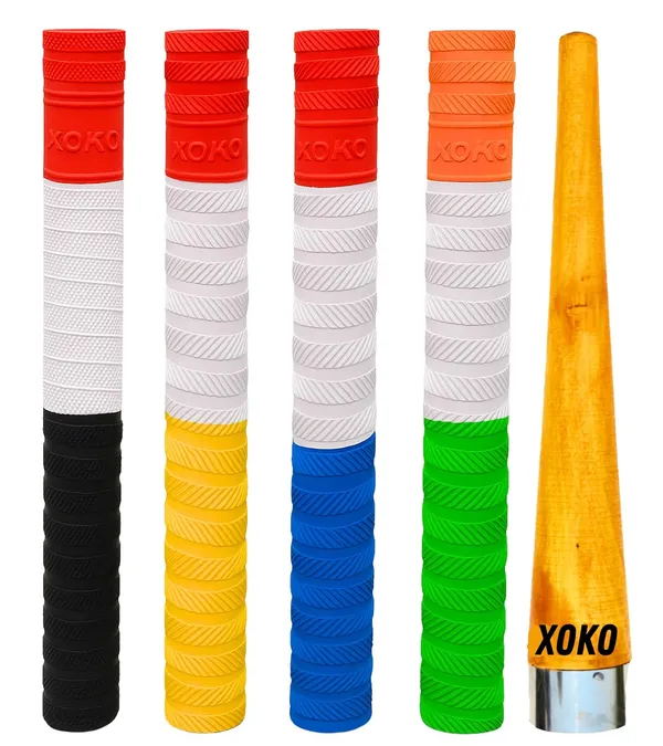 Premium_Cricket_Bat_Handle_Grip_Set,_Multi-Color_Collection_With_Wooden_Cone,_4_Pack,_Red,_White,_Yellow,_Blue,_Green