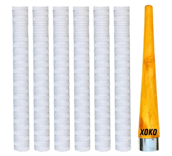 Premium_Cricket_Bat_Handle_Grip_Set,_Anti-Slip_Rubber_Material,_White_,_6_Grips_With_1_Wooden_Cone