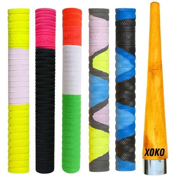 Premium_Cricket_Bat_Handle_Grips_Set,_Dynamic_Texture,_5_Multi-Color_Rubber_Grips_With_Wooden_Gripper_Cone,_Enhanced_Performance_And_Shock_Absorption,_6_Pack