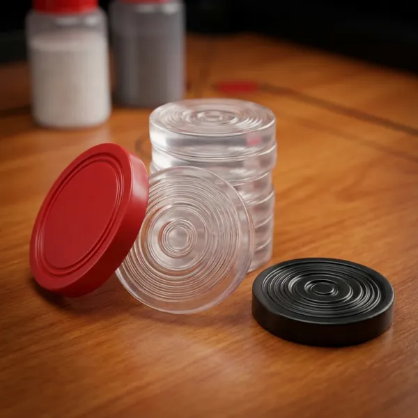 40_Ps._Acrylic_Carrom_Coin._18_Black/_18_White_&_4_Red._With_2_Strikers_And_2_Powder.