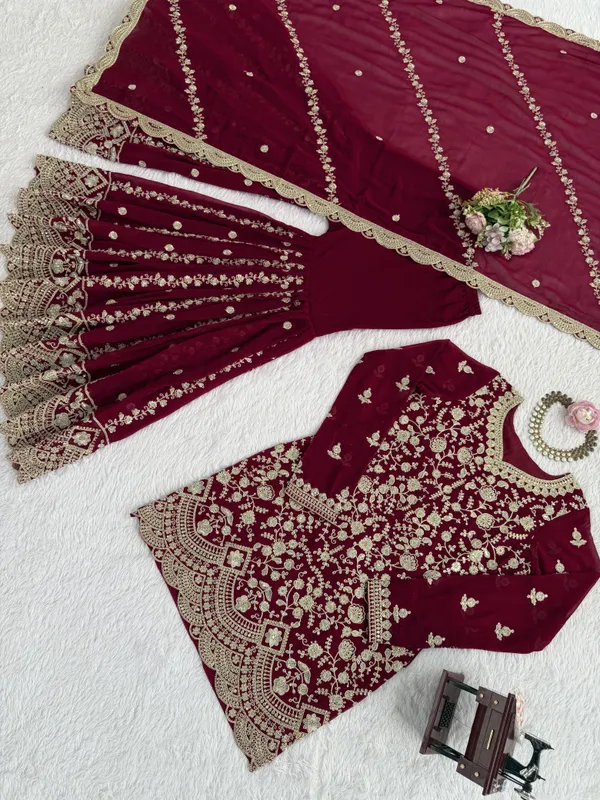 Red_Faux_Georgette_Kurti_With_Dupatta_And_Bottom_Wear_For_Women