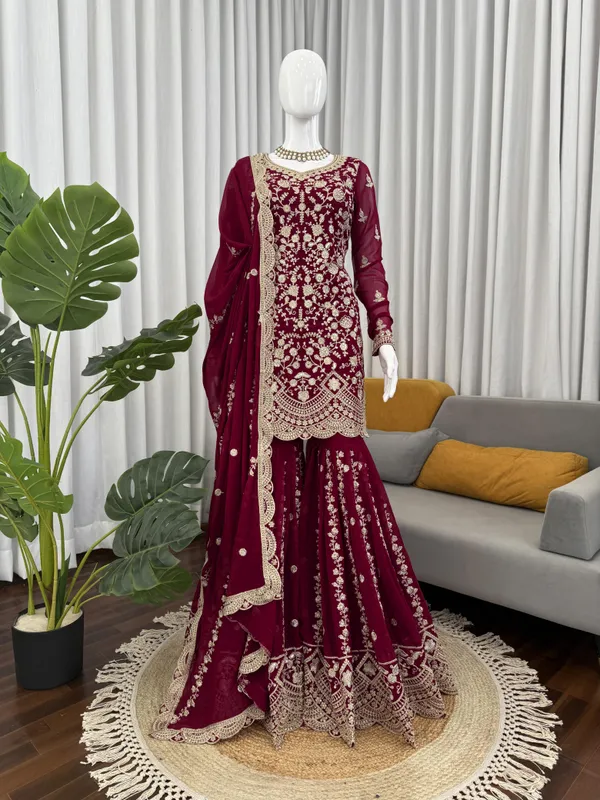 Red_Faux_Georgette_Kurti_With_Dupatta_And_Bottom_Wear_For_Women