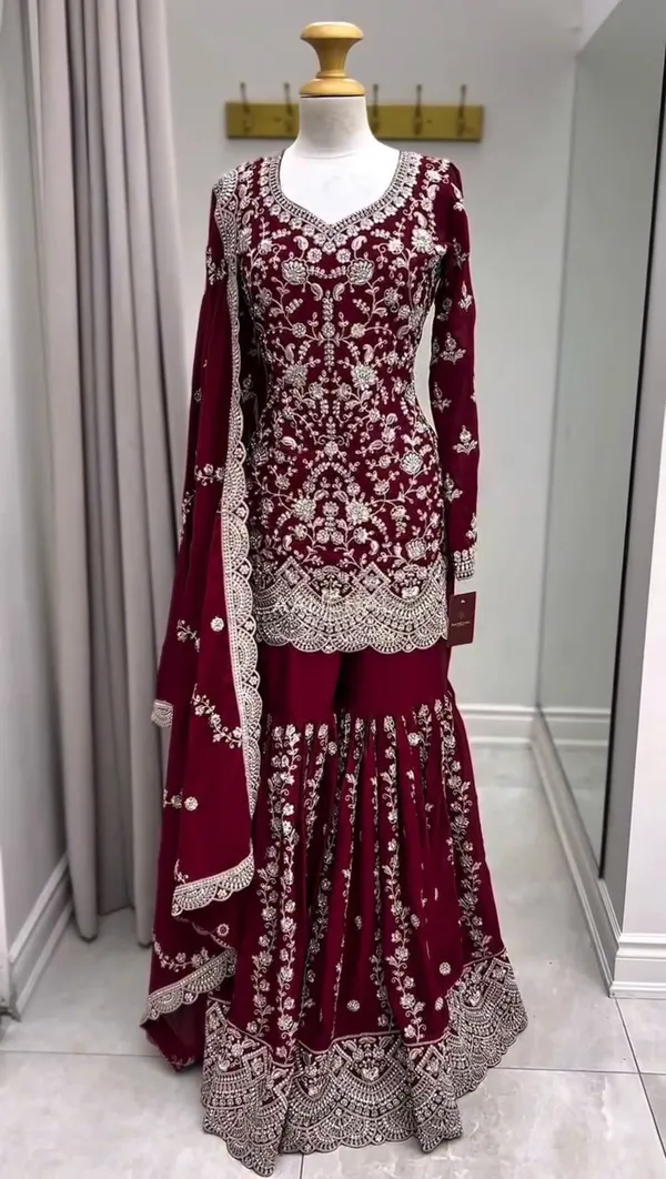 Red_Faux_Georgette_Kurti_With_Dupatta_And_Bottom_Wear_For_Women