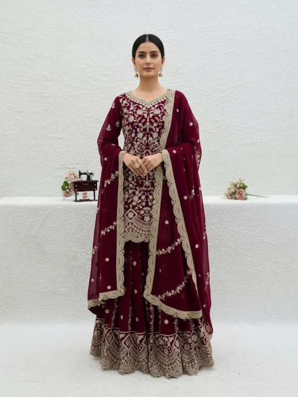 Red_Faux_Georgette_Kurti_With_Dupatta_And_Bottom_Wear_For_Women