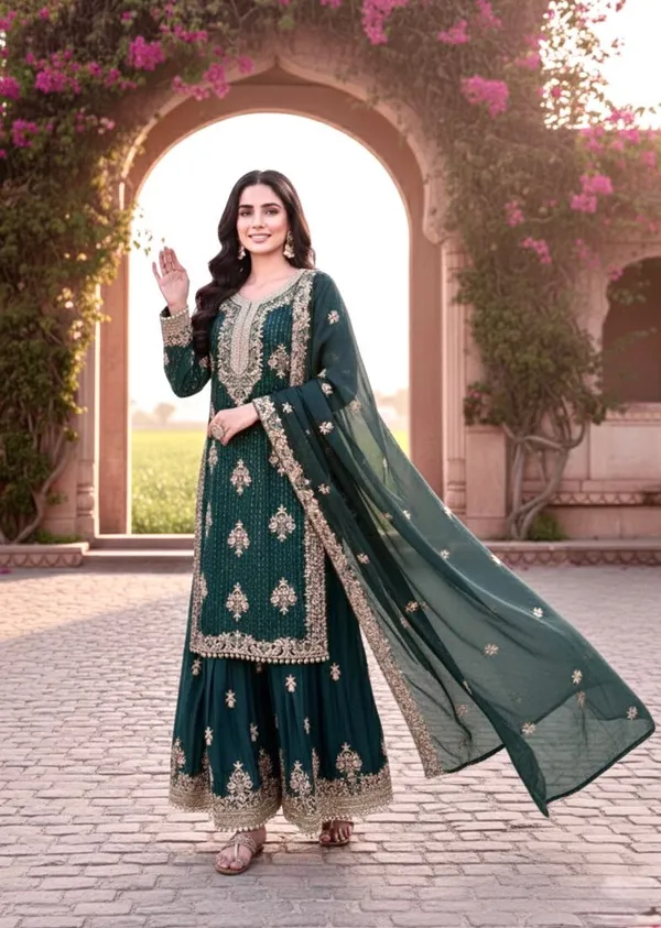 Peacock_Green_Gmy_Silk_Kurti_With_Dupatta_And_Bottom_Wear_For_Women