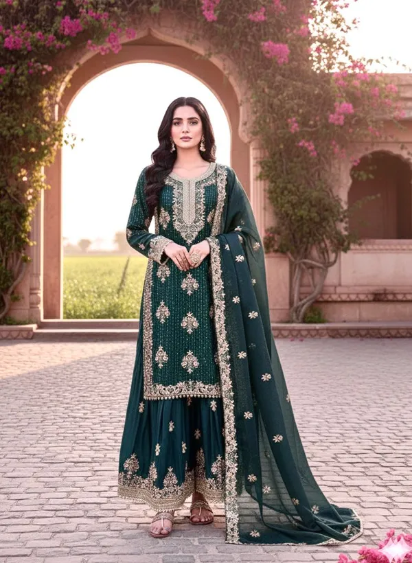 Peacock_Green_Gmy_Silk_Kurti_With_Dupatta_And_Bottom_Wear_For_Women