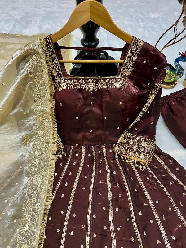 Brown_Heavy_Frendy_Silk_Gown_With_Embroidery_For_Women
