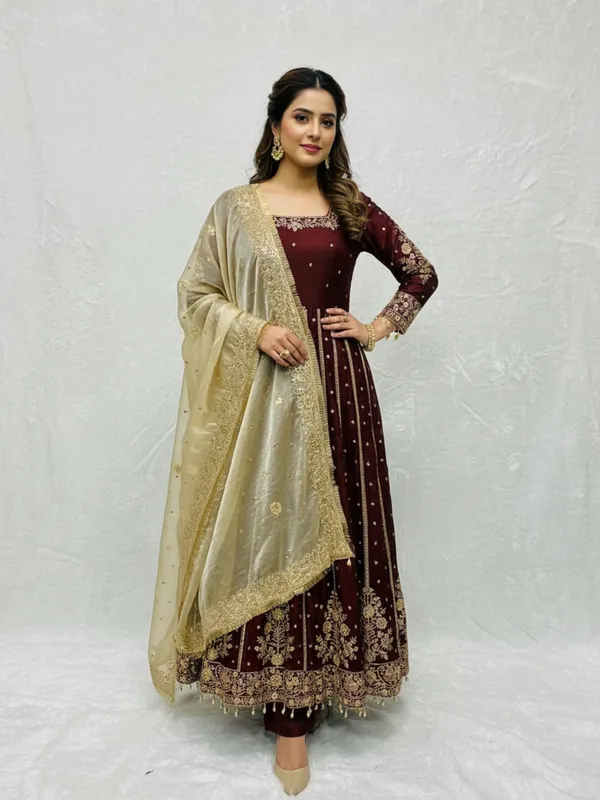 Brown_Heavy_Frendy_Silk_Gown_With_Embroidery_For_Women