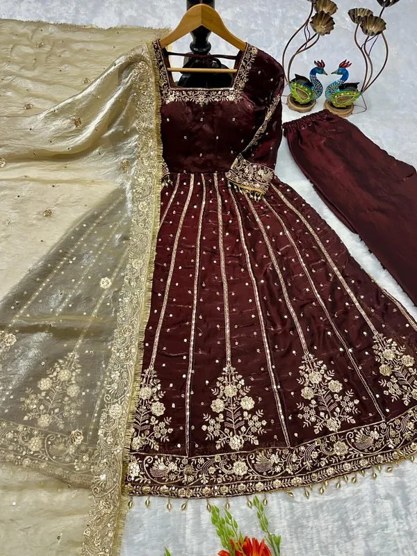 Brown_Heavy_Frendy_Silk_Gown_With_Embroidery_For_Women