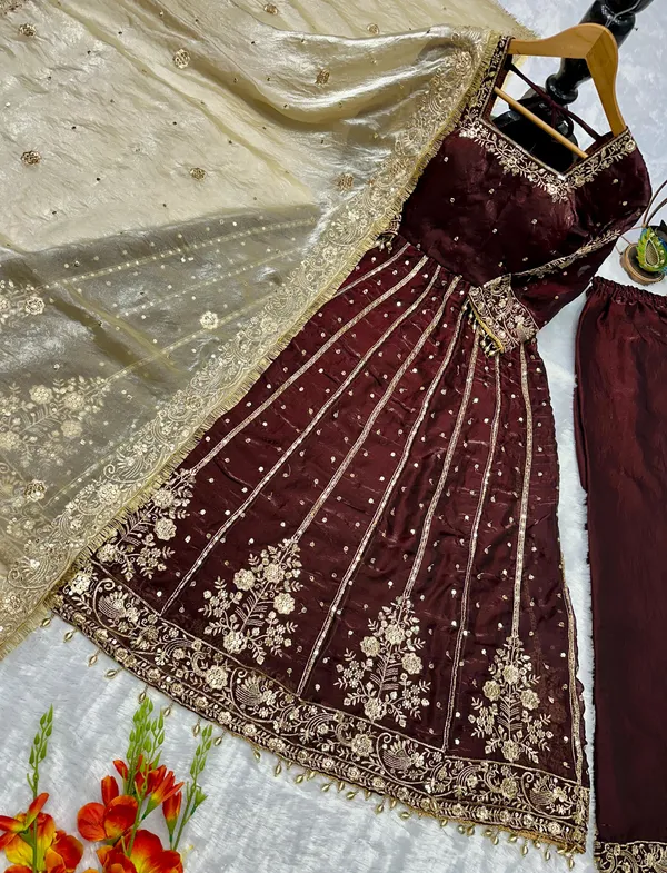 Brown_Heavy_Frendy_Silk_Gown_With_Embroidery_For_Women