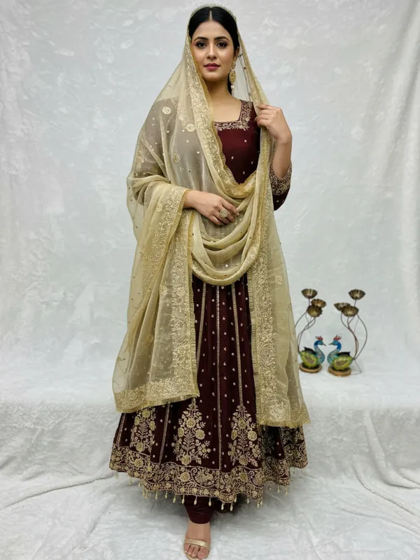 Brown_Heavy_Frendy_Silk_Gown_With_Embroidery_For_Women