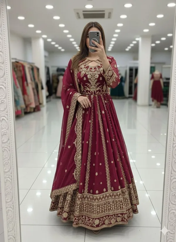 Red_Faux_Georgette_Gown_With_Dupatta_And_Bottom_Wear_For_Women