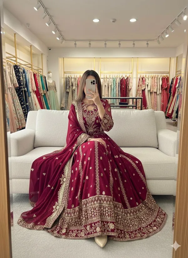 Red_Faux_Georgette_Gown_With_Dupatta_And_Bottom_Wear_For_Women
