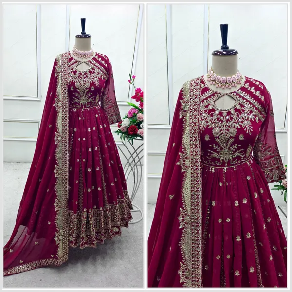 Red_Faux_Georgette_Gown_With_Dupatta_And_Bottom_Wear_For_Women
