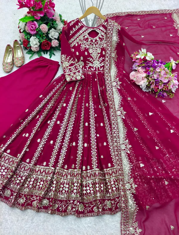 Red_Faux_Georgette_Gown_With_Dupatta_And_Bottom_Wear_For_Women