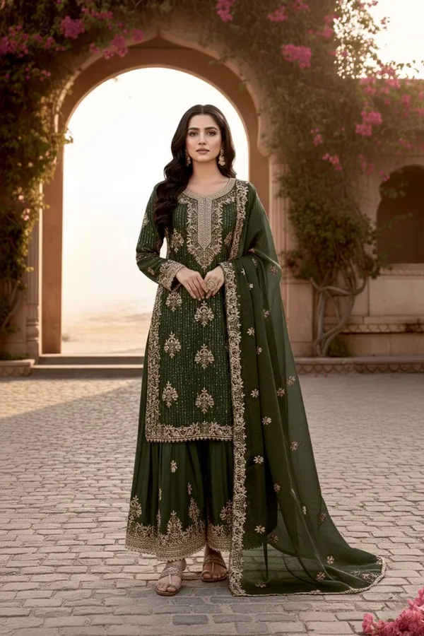 Green_Gmy_Silk_Kurti_With_Dupatta_And_Bottom_Wear_For_Women