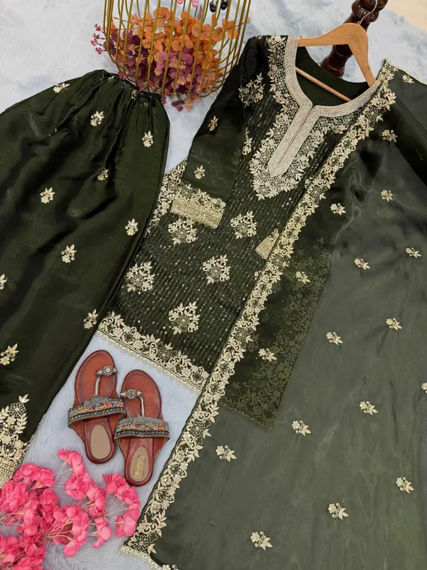 Green_Gmy_Silk_Kurti_With_Dupatta_And_Bottom_Wear_For_Women