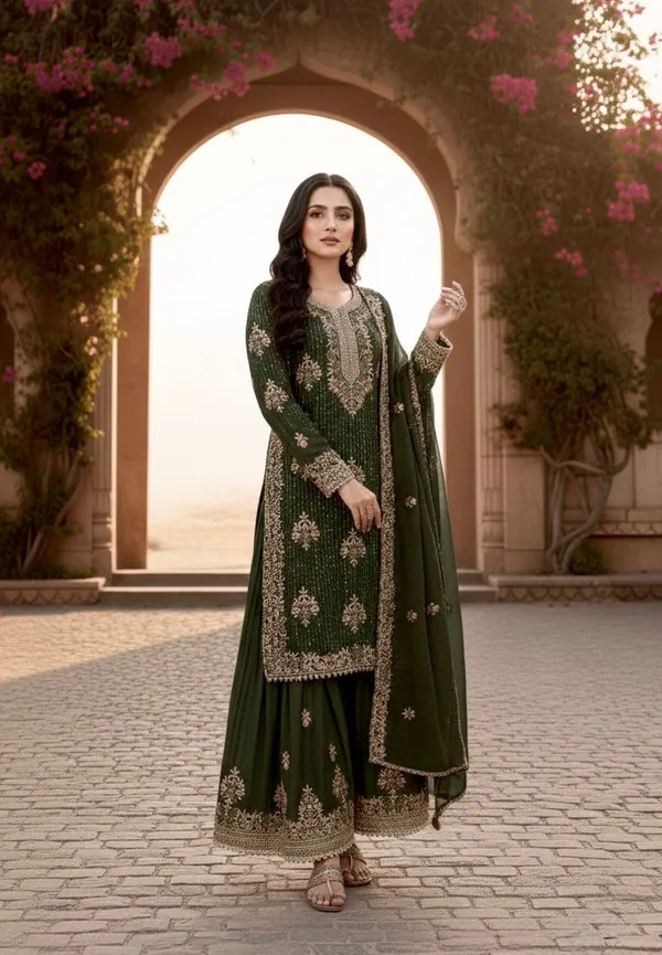 Green_Gmy_Silk_Kurti_With_Dupatta_And_Bottom_Wear_For_Women