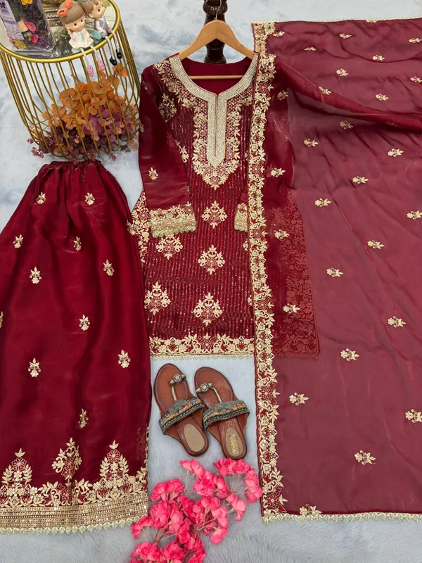 Red_Gmy_Silk_Kurti_With_Dupatta_And_Bottom_Wear_For_Women