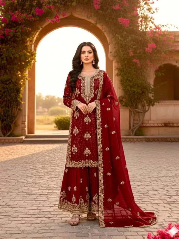 Red_Gmy_Silk_Kurti_With_Dupatta_And_Bottom_Wear_For_Women