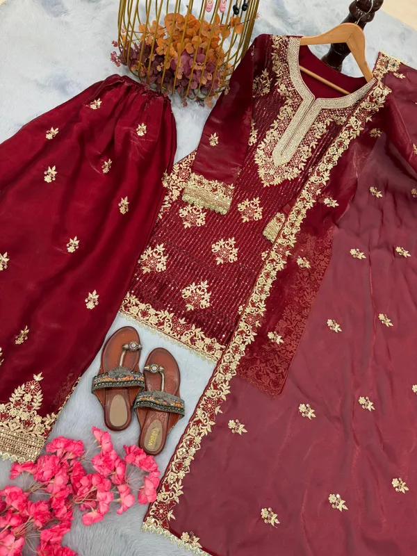Red_Gmy_Silk_Kurti_With_Dupatta_And_Bottom_Wear_For_Women