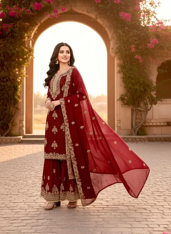 Red_Gmy_Silk_Kurti_With_Dupatta_And_Bottom_Wear_For_Women