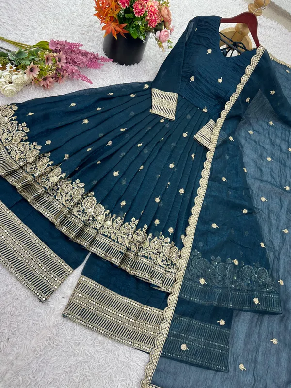 Blue_Crunchy_Fabric_Flared_Kurti_With_Dupatta_And_Bottom_Wear_For_Women