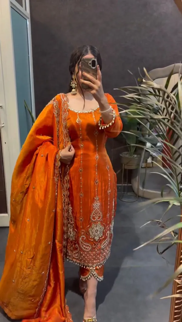 Orange_Frendy_Silk_Kurti_With_Dupatta_And_Bottom_Wear_For_Women