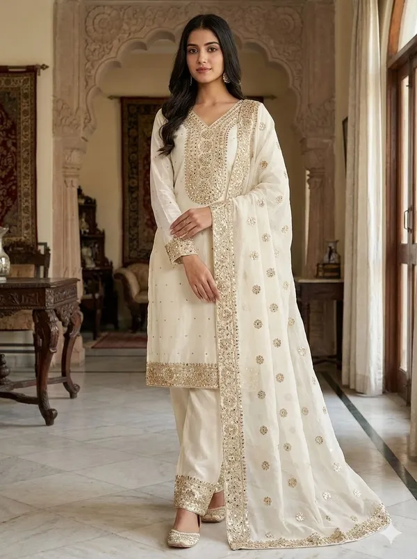 White_Pure_Frendy_Silk_Kurti_With_Dupatta_And_Bottom_Wear_For_Women