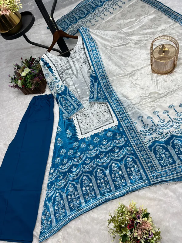 White_Pure_Chinon_Silk_Kurti_With_Dupatta_And_Bottom_Wear_For_Women