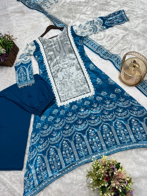 White_Pure_Chinon_Silk_Kurti_With_Dupatta_And_Bottom_Wear_For_Women
