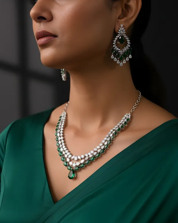 Bottle_Green_Grand_Cascade_Diamond_Simulant_Bridal_Rhodium_Plated_Cubic_Zirconia_(Cz)_Choker_Set_For_Women