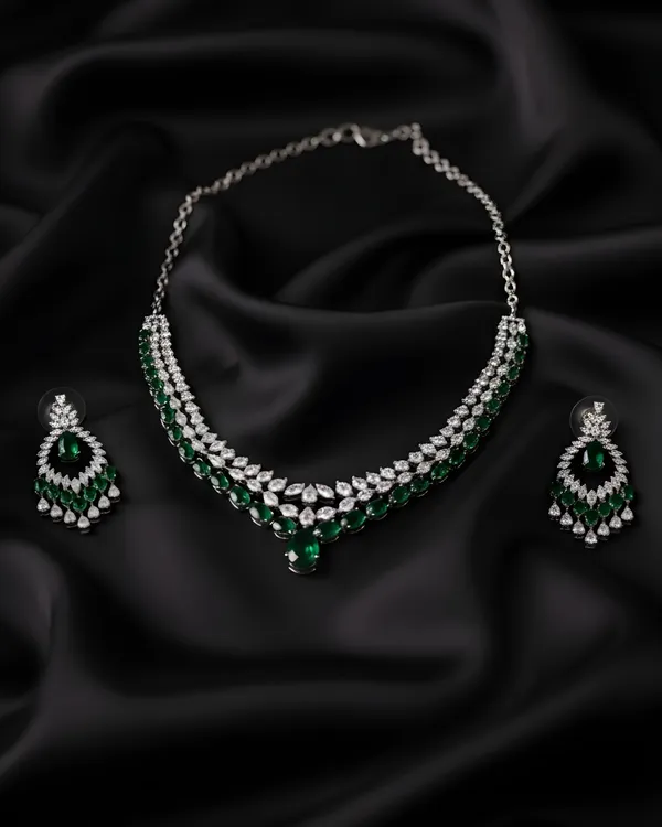 Bottle_Green_Grand_Cascade_Diamond_Simulant_Bridal_Rhodium_Plated_Cubic_Zirconia_(Cz)_Choker_Set_For_Women