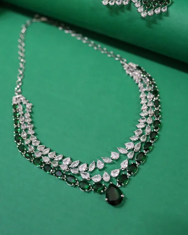 Bottle_Green_Grand_Cascade_Diamond_Simulant_Bridal_Rhodium_Plated_Cubic_Zirconia_(Cz)_Choker_Set_For_Women
