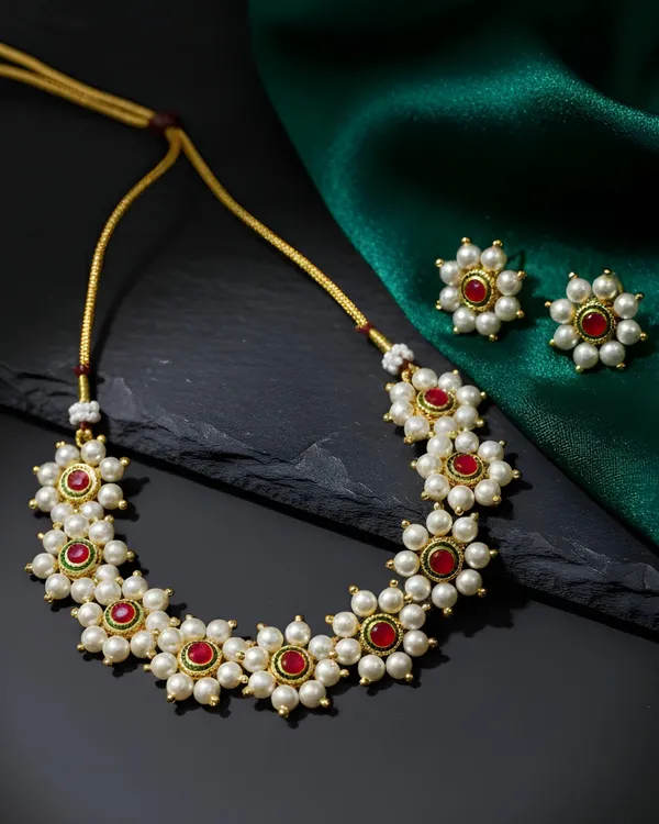 White_And_Red_Floral_Moti_Chinchpeti_Jewellery_Set_For_Women
