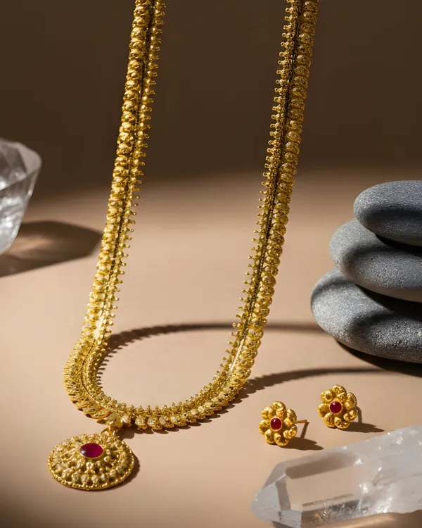 Gold_Matinee_Length_Chain_With_Floral_Pendant_Set_For_Women