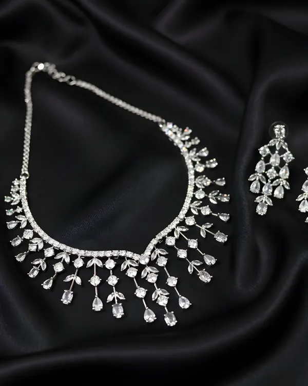 White_Crystal_Vine_&_Dewdrop_Statement_Rhodium_Plated_Cubic_Zirconia_(Cz)_Choker_Set_For_Women