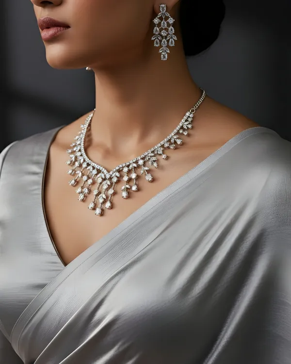 White_Crystal_Vine_&_Dewdrop_Statement_Rhodium_Plated_Cubic_Zirconia_(Cz)_Choker_Set_For_Women