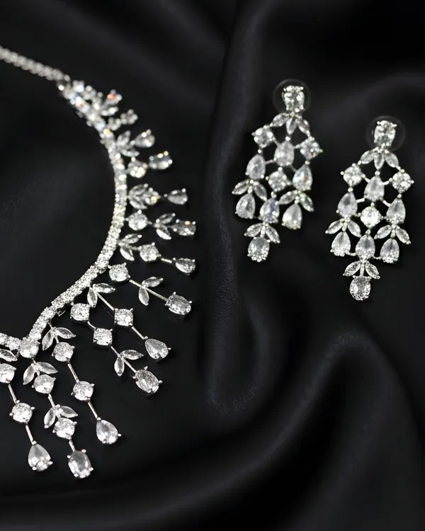 White_Crystal_Vine_&_Dewdrop_Statement_Rhodium_Plated_Cubic_Zirconia_(Cz)_Choker_Set_For_Women